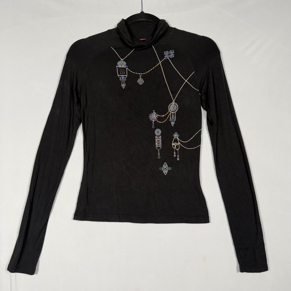Vtg 90s‎ Y2K Thalia Sodi Mock Neck Top S Black Rhinestones Trompe L'oeil Jeweled